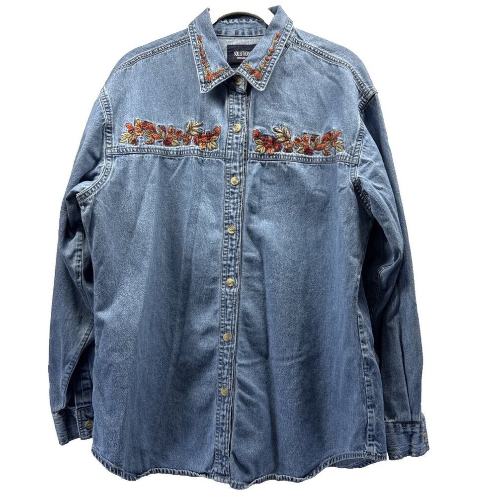 Vintage Solutions Original Denim‎ Shirt Large Blue Embroidered Leaves Button Up